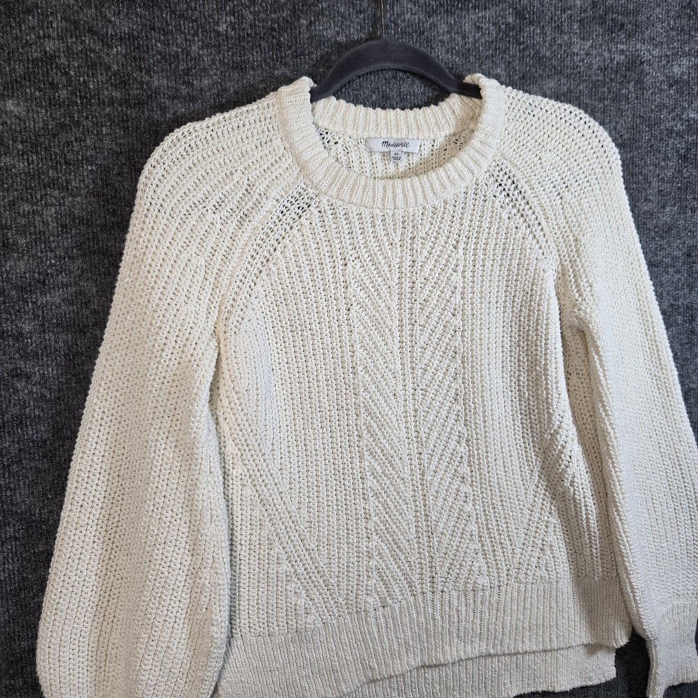 Madewell Sweater Womens XS Cream White Puff Sleeve Shaker Stitch Crew Neck Cozy - Picture 3 of 10